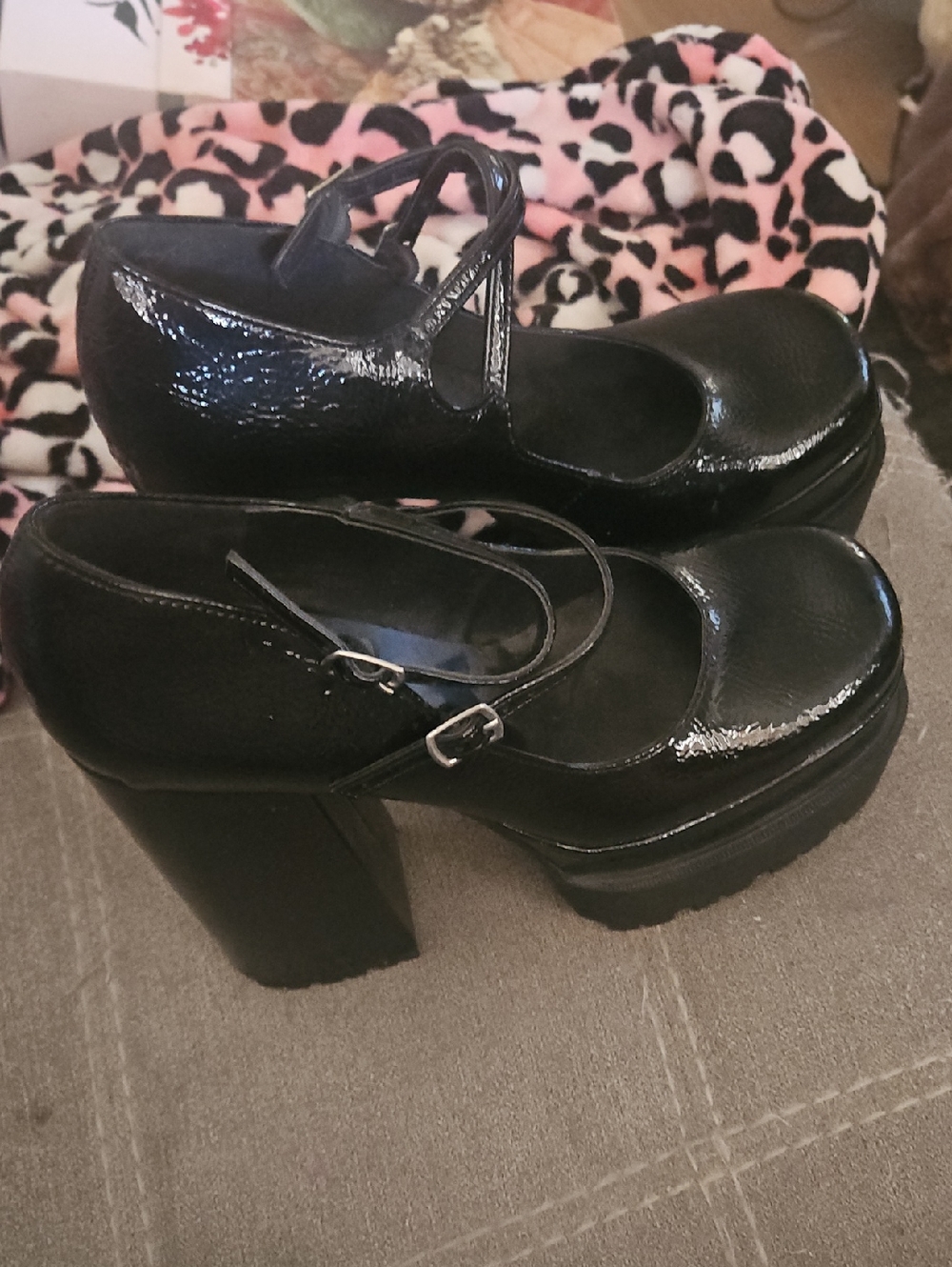 Brand New Black Patent Mary Jane Platform Heels with Chunky Block Heel